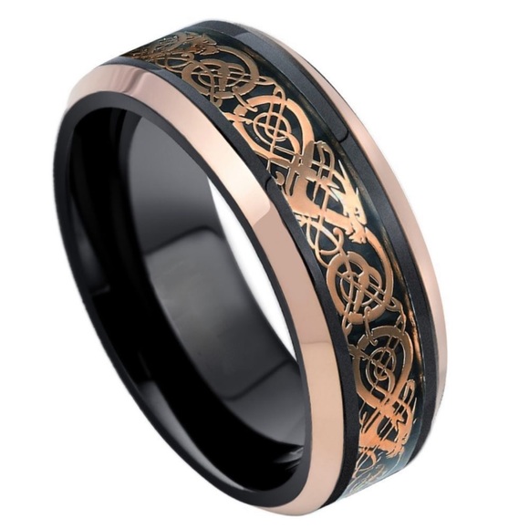 8mm Tungsten Ring black and yellow gold plated Celtic cut out design beveled - Picture 11 of 11